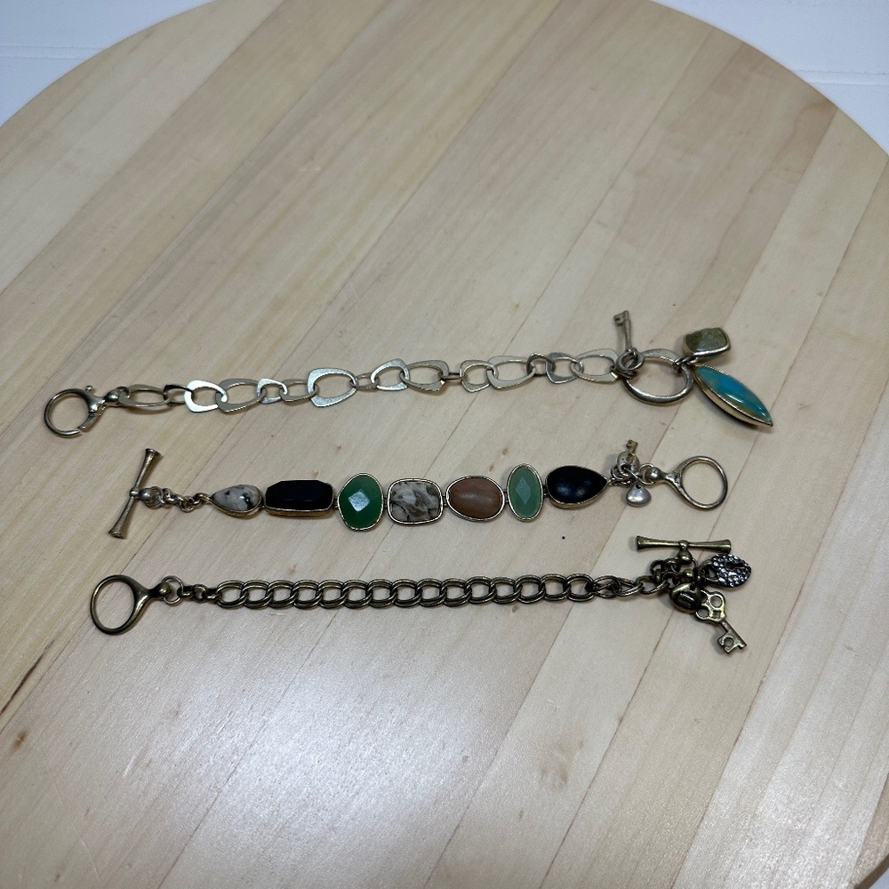 Fossil Bracelets Chain Metal Assorted Stones Beaded Lot of 3 Stack